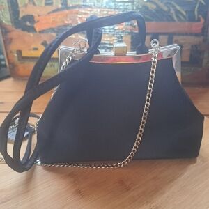 Vintage Liz Claiborne Evening Bag, Black Fabric, Chain Shoulder Strap, 1980-90s